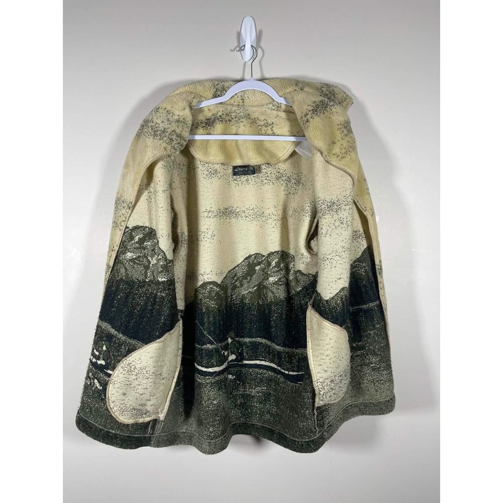 VTG Laura M Scenic Mountains Fishing Fleece Jacket Wms Medium Cream Green 90s - Picture 8 of 10